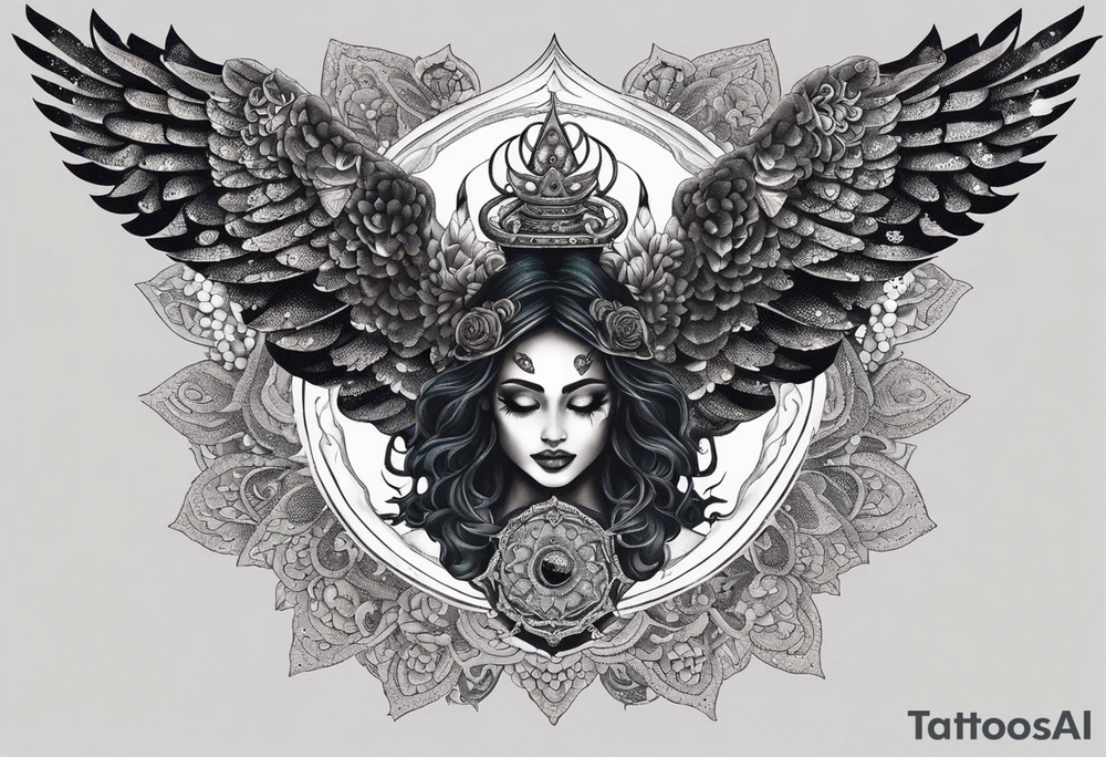 black kali, goddess pirate, alien, angel, pachamama, valkrye, warrior, flying, skull, lotus azul, wing, eagle, zenza resonance, stars, 5D, anahata chakra, death, durga, riding on a tiger, flying lady, kundalini, chest tatoo, samuri, rebel,serpent tattoo idea
