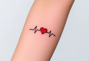 A heartbeat line with a small, minimalist pixelated heart on the end, glowing in red with a subtle digital glitch effect. tattoo idea