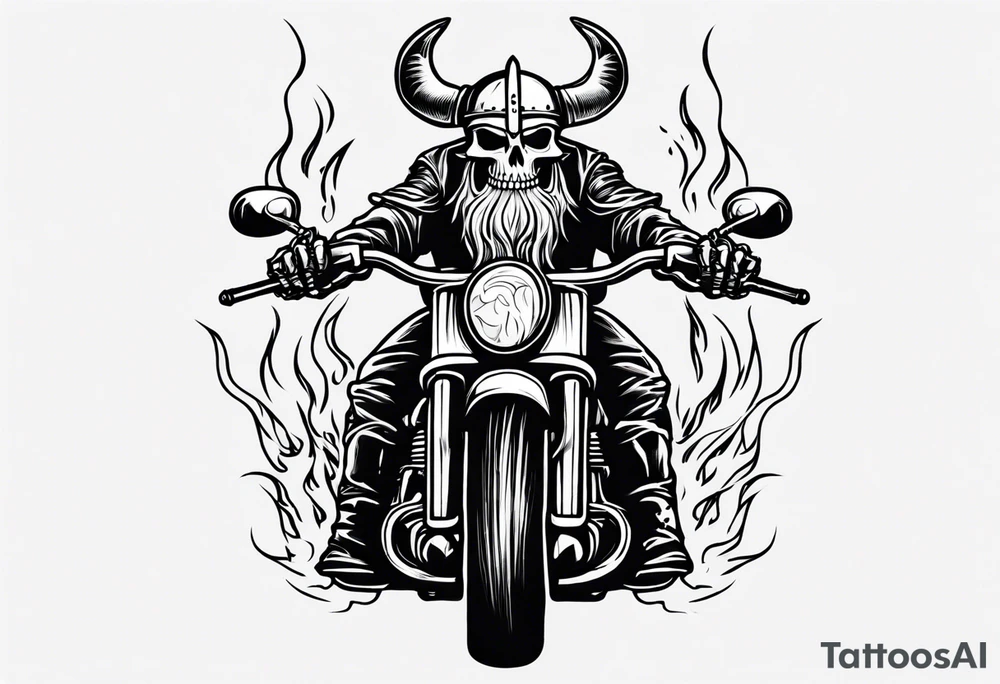 A viking skeleton riding a motorcycle with flames front view tattoo idea