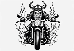 A viking skeleton riding a motorcycle with flames front view tattoo idea