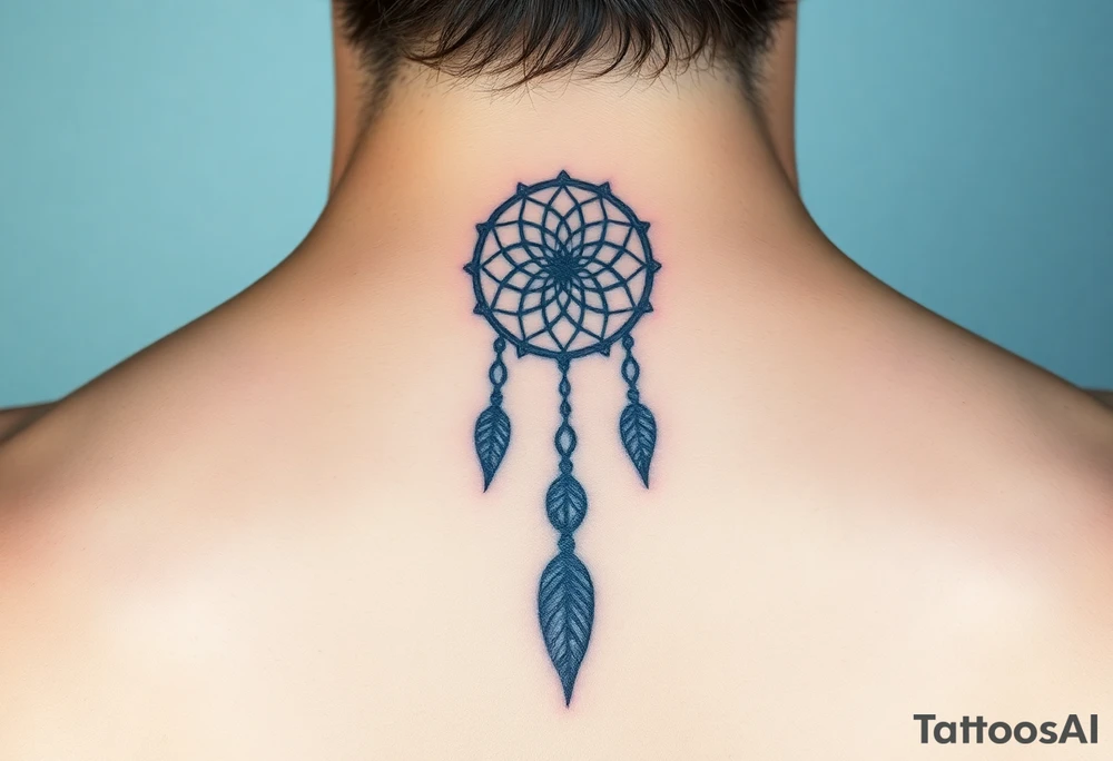 Neck piece with a beautiful dream catcher with 3 names attached to the leaves tattoo idea