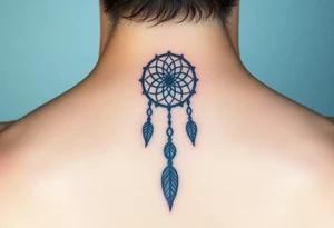Neck piece with a beautiful dream catcher with 3 names attached to the leaves tattoo idea