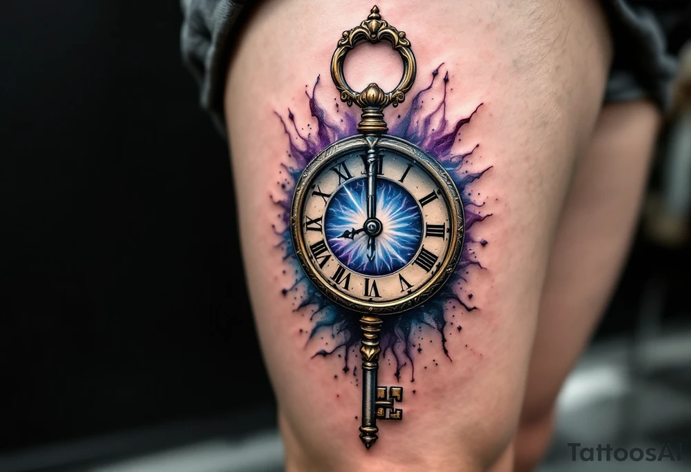 A skeleton key inserted into an antique clock, unlocking a burst of blue and purple tattoo idea