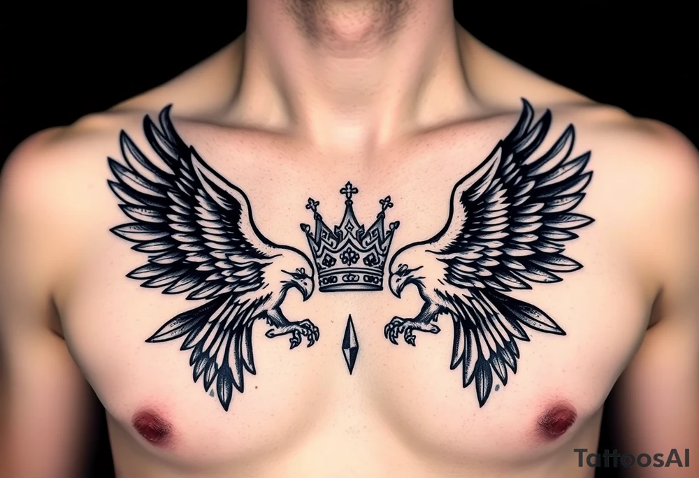 Chest tattoo,powerful two symetricalmajestic eagles, surrounded by lure ornaments , between eagles a crown tattoo idea