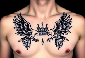Chest tattoo,powerful two symetricalmajestic eagles, surrounded by lure ornaments , between eagles a crown tattoo idea
