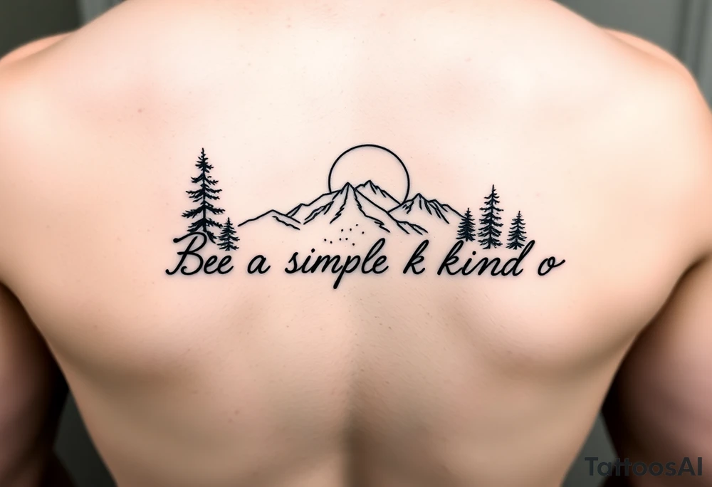 A minimalist tattoo with the words ‘Be a Simple Kind of Man’ in handwritten script, framed by pine trees, mountains, and a rising sun. Evokes peaceful strength and humility. Fine line blackwork for the forearm. Show me it on a forearm tattoo idea