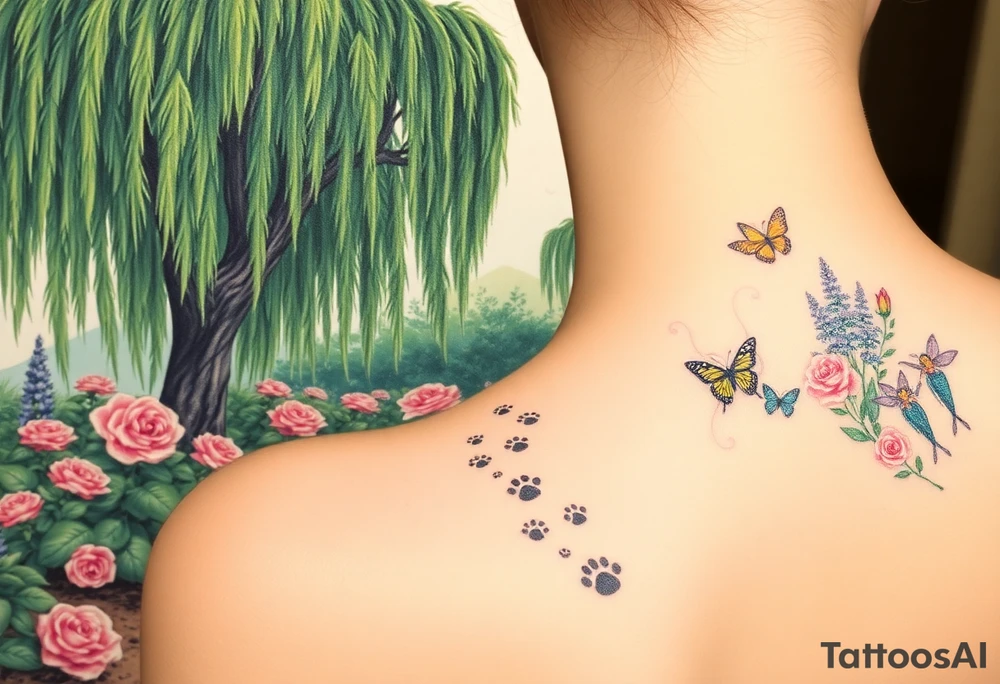 weeping willow garden with roses and liles flower beds. fantasy creatures, fairies, mermiads, dragons butterflies,  cat paw prints path in dirt. tattoo idea
