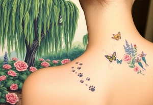 weeping willow garden with roses and liles flower beds. fantasy creatures, fairies, mermiads, dragons butterflies,  cat paw prints path in dirt. tattoo idea