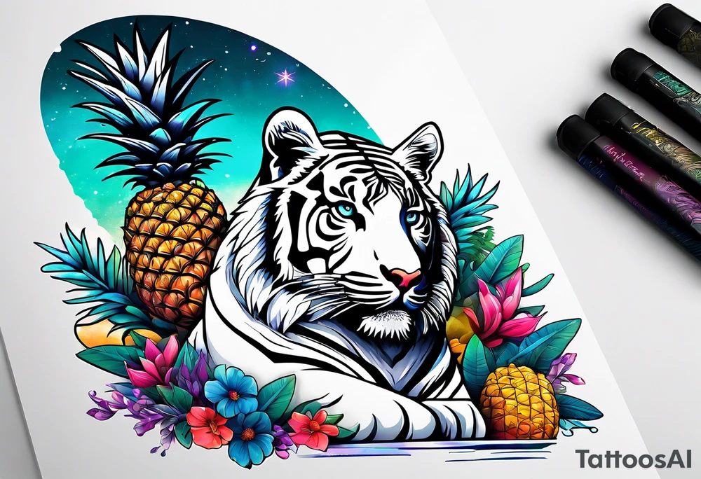White tiger and pineapples featuring Amsterdam buildings and canal in galaxy colours tattoo idea
