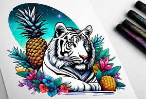 White tiger and pineapples featuring Amsterdam buildings and canal in galaxy colours tattoo idea