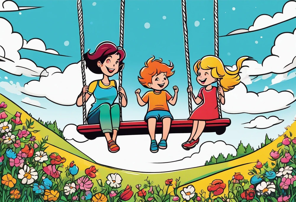 Mom with son and daughter on a swing in the distance in a field of flowers tattoo idea