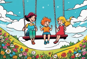 Mom with son and daughter on a swing in the distance in a field of flowers tattoo idea