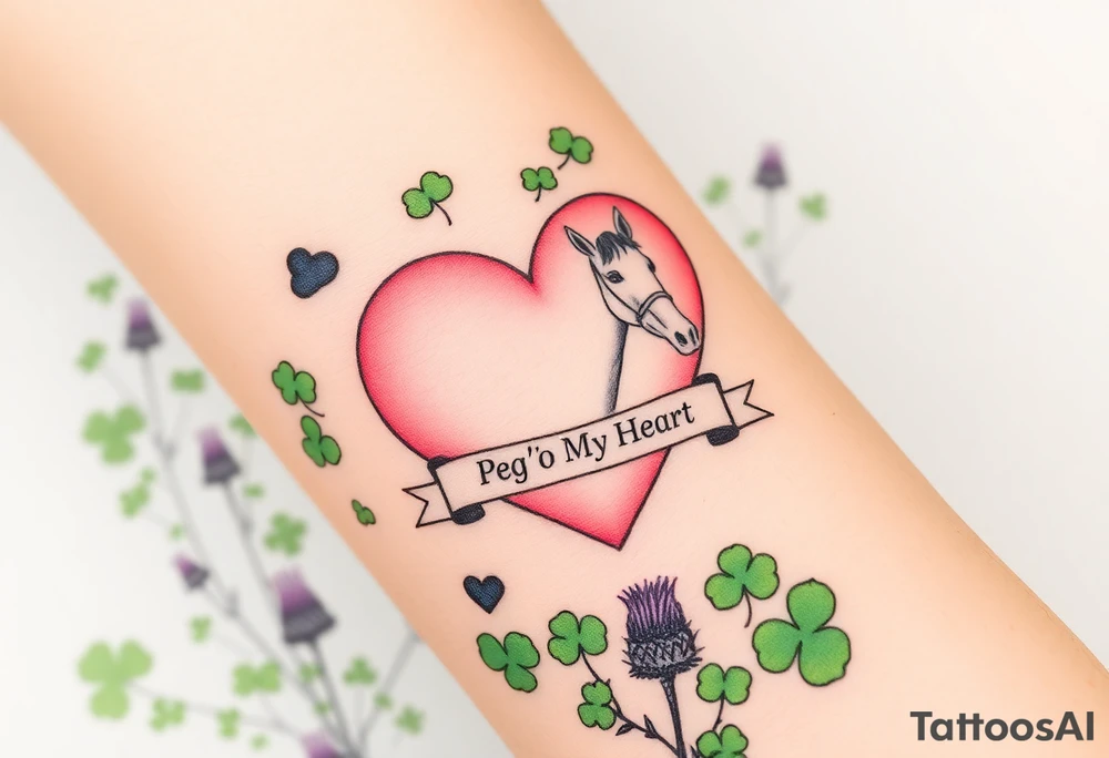 a big pale pink heart in a huge patch of green shamrocks, and purple thistles, and a horse with a banner across the heart that says Peg 'o My Heart tattoo idea