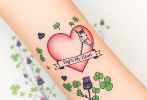 a big pale pink heart in a huge patch of green shamrocks, and purple thistles, and a horse with a banner across the heart that says Peg 'o My Heart tattoo idea