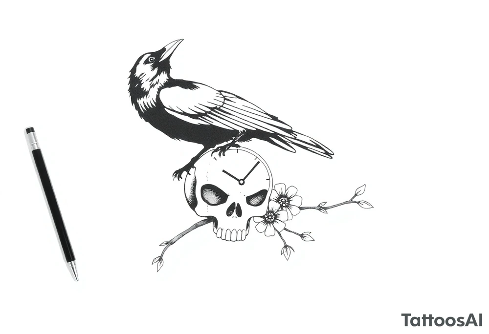 raven looking over its shoulder on a branch skull and clock and flower tattoo idea