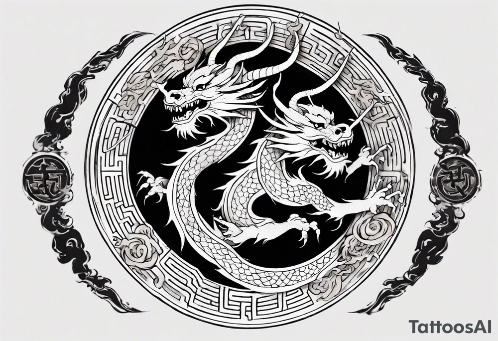 Chinese dragon in a circular shape with "02.03" written on its skin tattoo idea