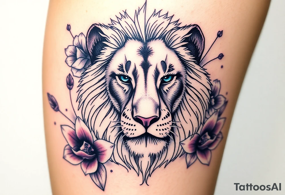 Lion with blue eyes surrounded by larkspur and water lily tattoo idea