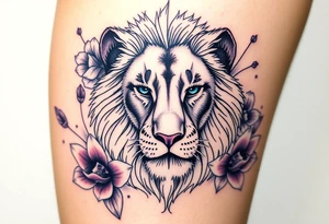 Lion with blue eyes surrounded by larkspur and water lily tattoo idea