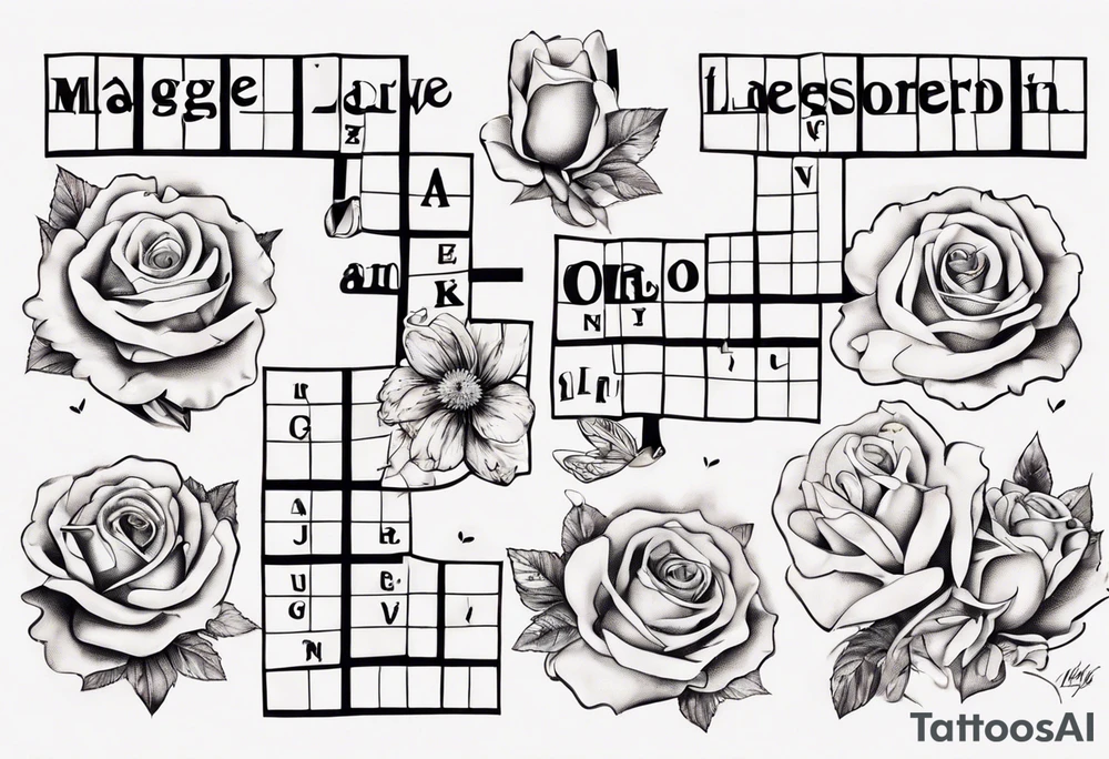 The words Maggie and Lucas and Love and Forever in a crossword puzzle tattoo idea