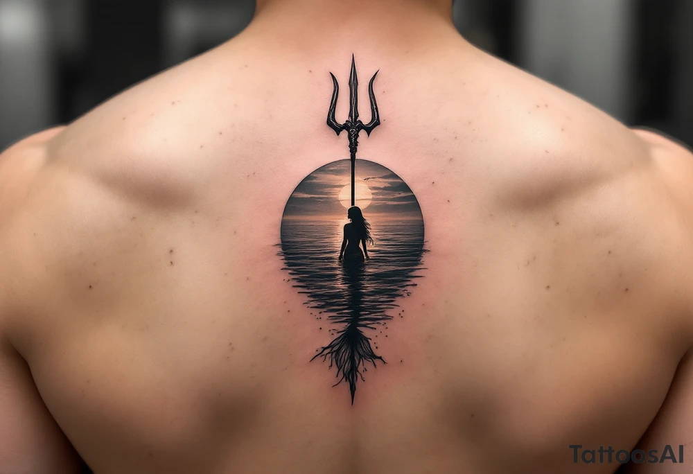 trident half way under calm water with mermaid at sunset tattoo idea