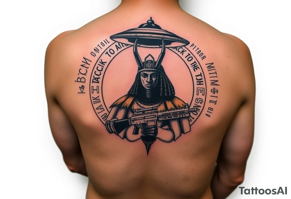 "Anubis in a ufo, holding a tommy gun. . Hieroglyph background spells 'BaCk TO THE MOON'.  

Style: Art Deco meets cyber-Egyptian. Black/red/gold ink. Forearm sleeve." tattoo idea