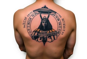 "Anubis in a ufo, holding a tommy gun. . Hieroglyph background spells 'BaCk TO THE MOON'.  

Style: Art Deco meets cyber-Egyptian. Black/red/gold ink. Forearm sleeve." tattoo idea