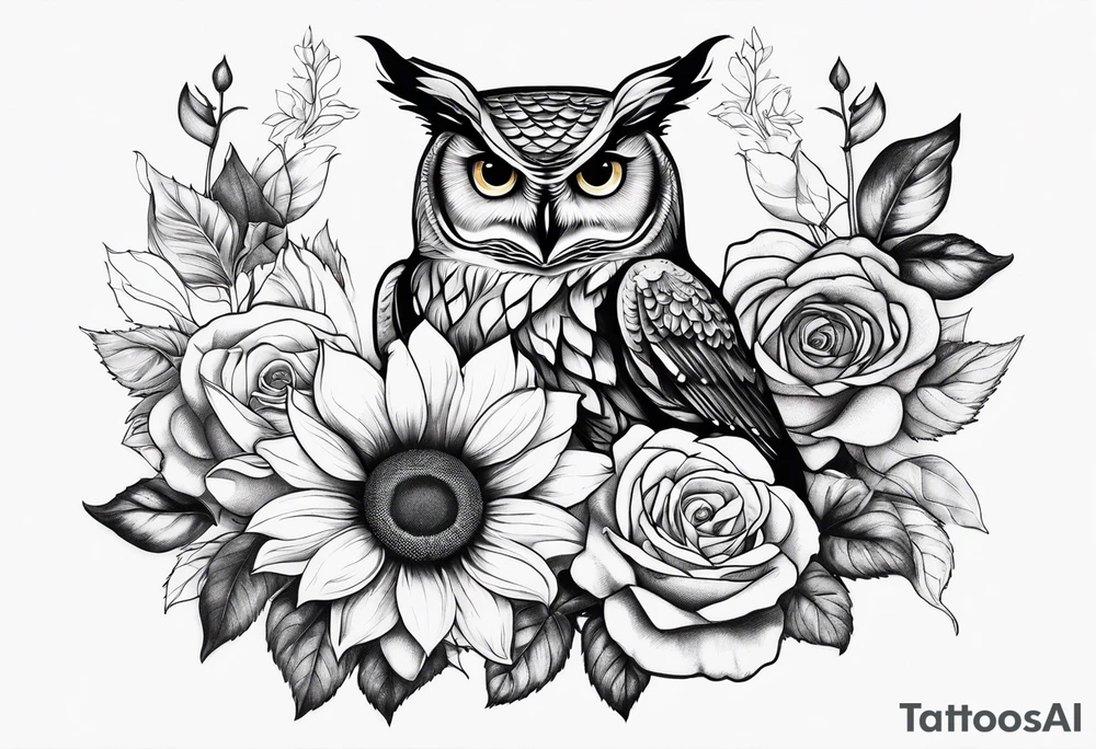 Sunflower and rose flower, owl tattoo idea
