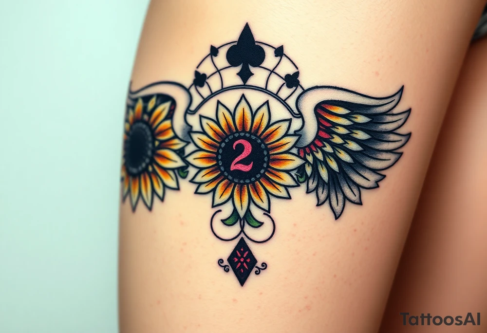 tattoo design incorporating a 2 of clubs, sunflower, wings, or halo tattoo idea