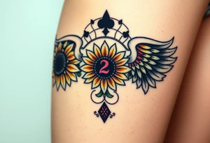 tattoo design incorporating a 2 of clubs, sunflower, wings, or halo tattoo idea