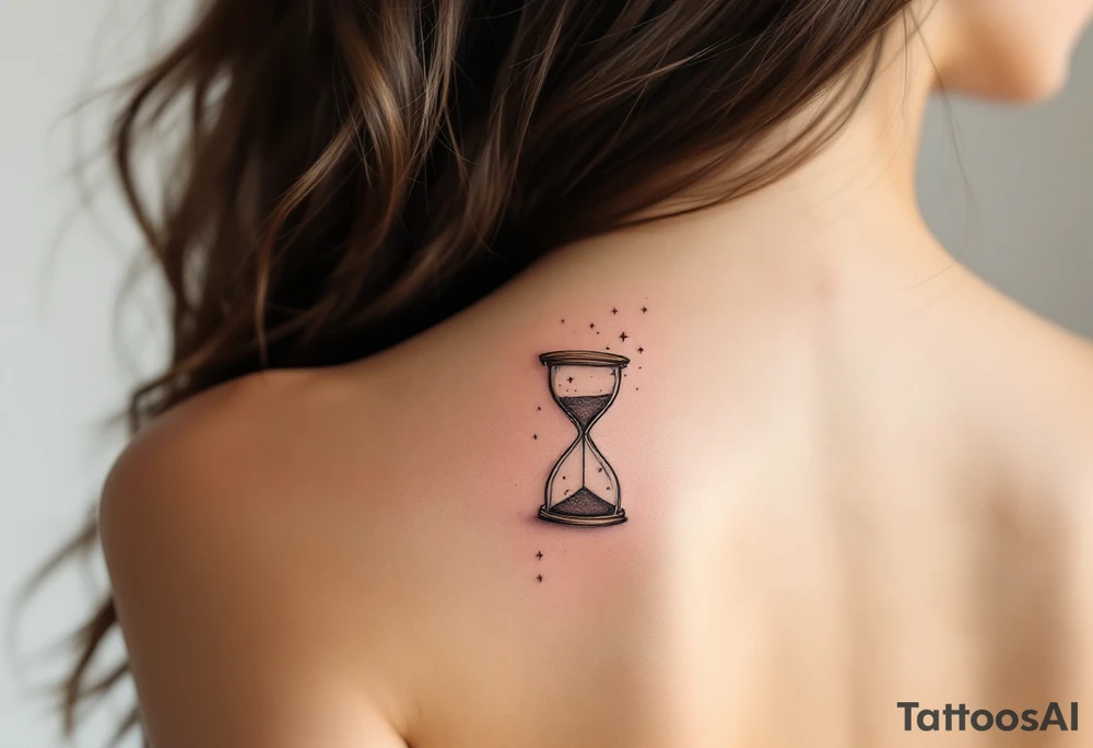 A delicate, floating hourglass with sand turning into tiny stars tattoo idea