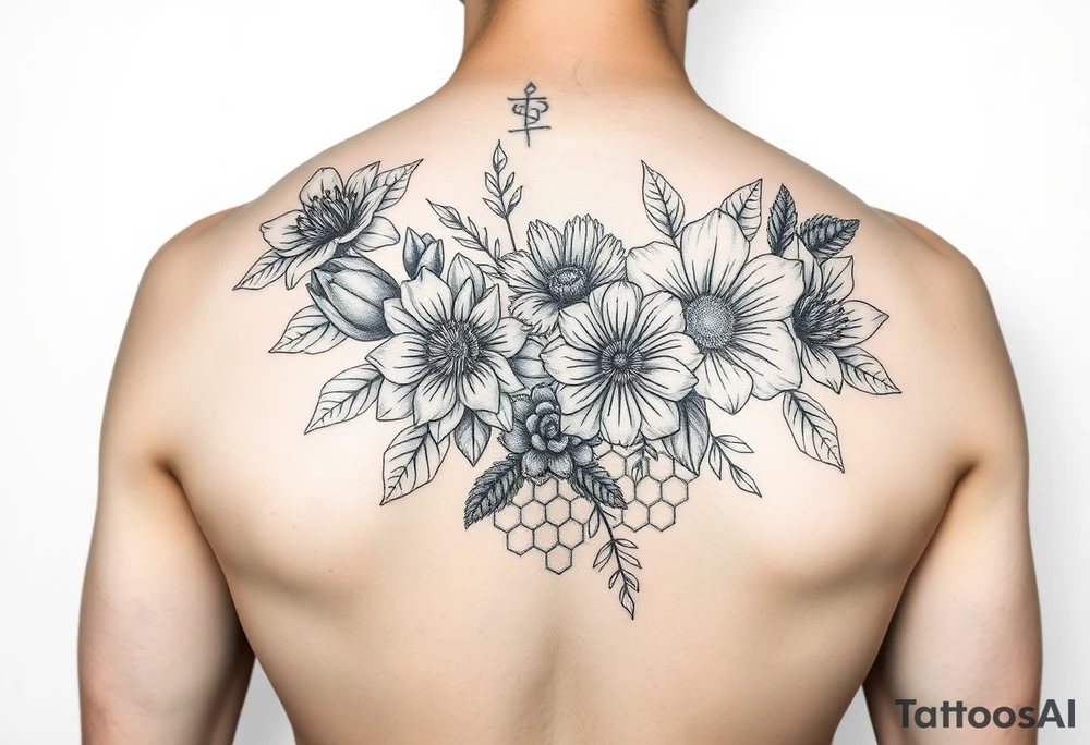 Arm sleeve with a variety of flowers and honeycomb filler tattoo idea