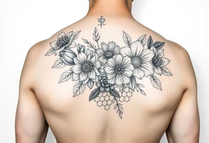 Arm sleeve with a variety of flowers and honeycomb filler tattoo idea