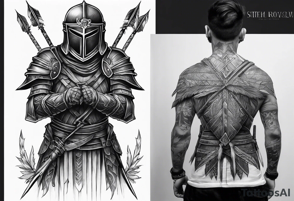 Dead knight on his knees with five arrows in his back tattoo idea Dead knight on his knees with five arrows in his back tattoo idea