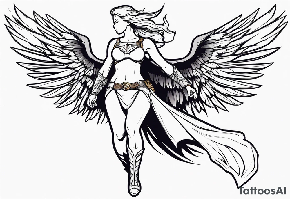 The full body of a Valkyrie with wings flying tattoo idea