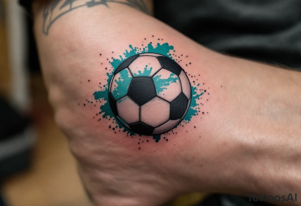 A small behind-the-ear soccer ball tattoo in black with a splash of teal paint. tattoo idea
