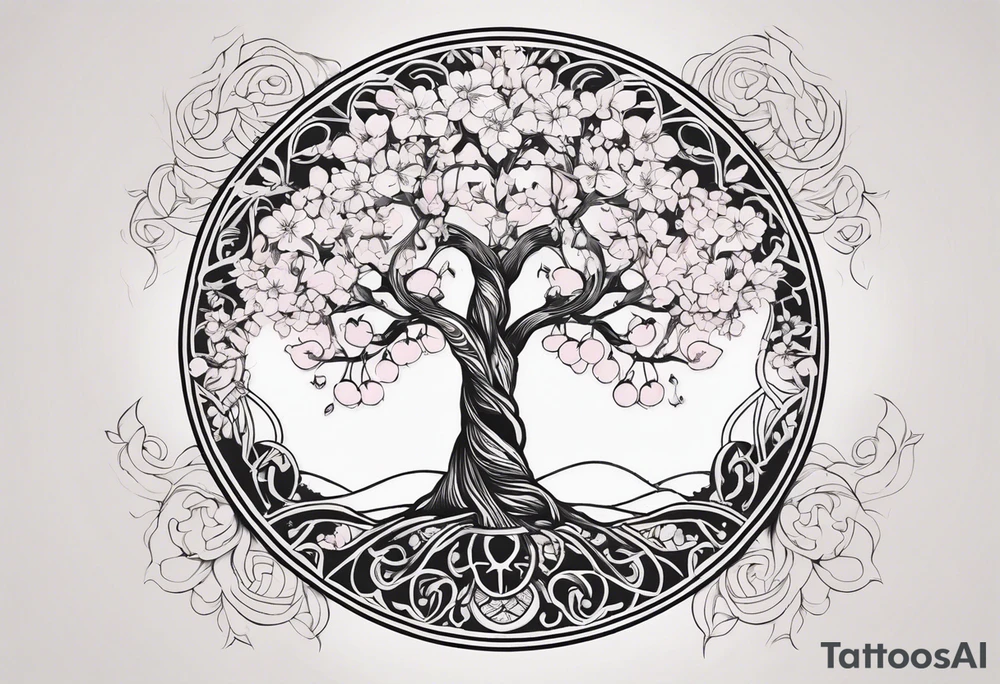Tree of life in a circle cherry blossoms tattoo idea
