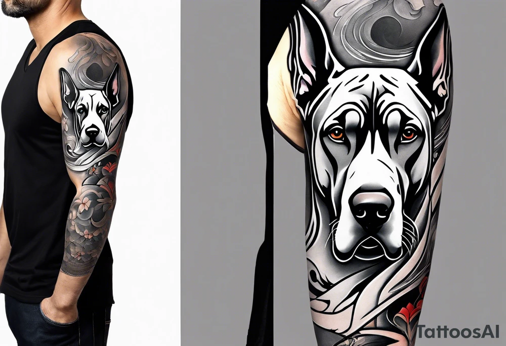 Arm sleeve for man-  with floppy ear Great Dane standing fiercely chest up with outdoors fill work around it tattoo idea