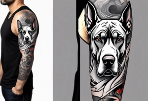 Arm sleeve for man-  with floppy ear Great Dane standing fiercely chest up with outdoors fill work around it tattoo idea