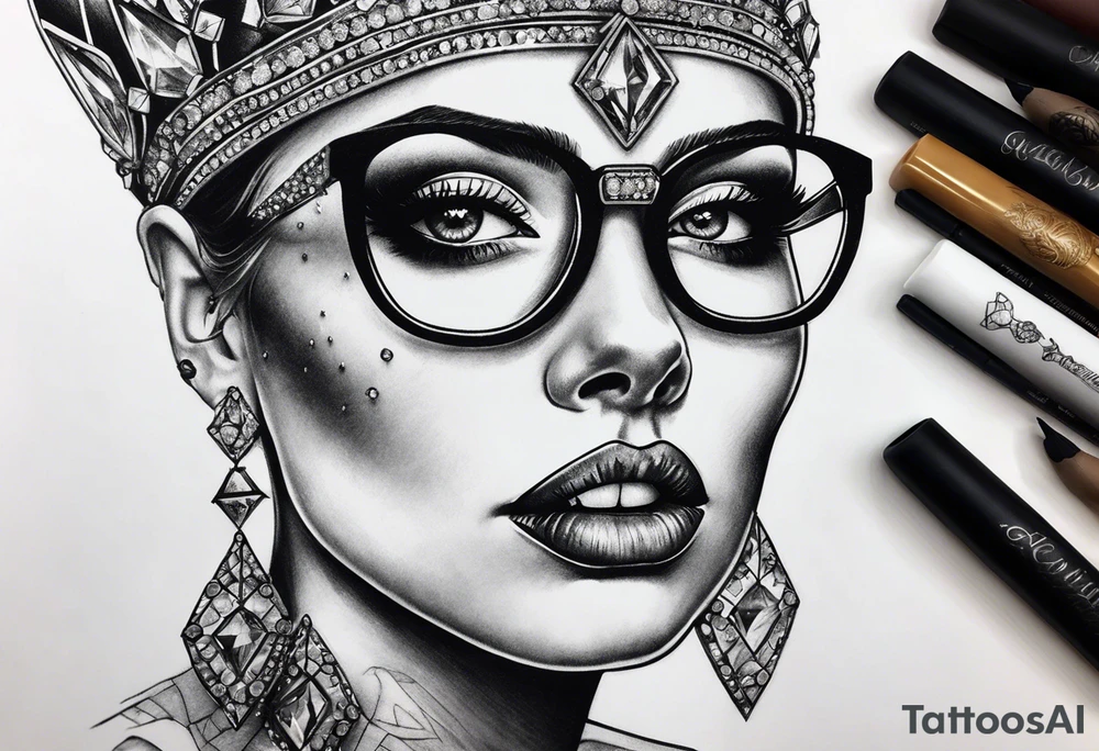 Dead Diamond queen wearing glasses add gemstones make her scarier darker tattoo idea
