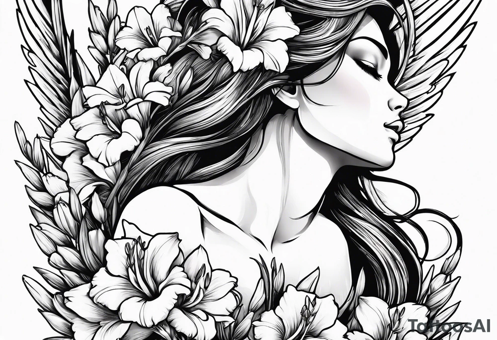 Angel holding gladiolus flowers reaching down tattoo idea Angel holding gladiolus flowers reaching down tattoo idea