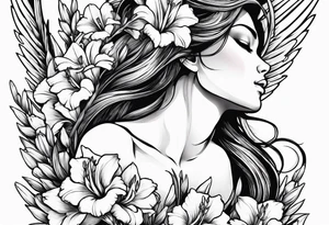 Angel holding gladiolus flowers reaching down tattoo idea