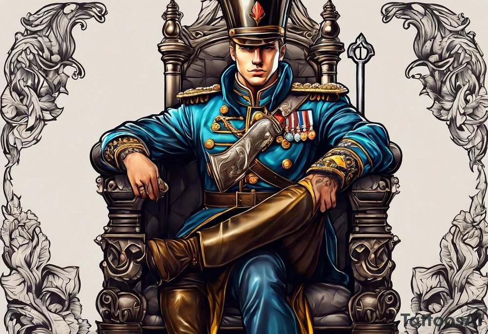 a german prince is dressed as a solider and sitting on a thronw with a sceptor in one hand and a knife in the other tattoo idea