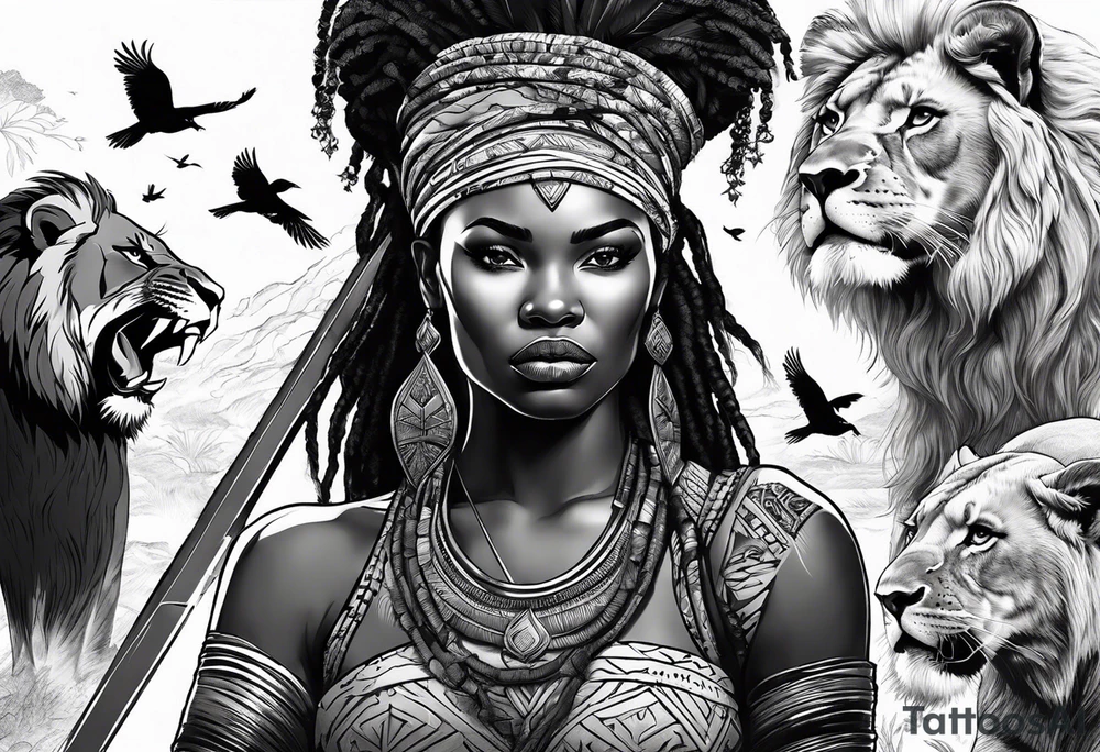 African woman warrior holding a spear with a mean look on her face with birds in the background and lion tattoo idea