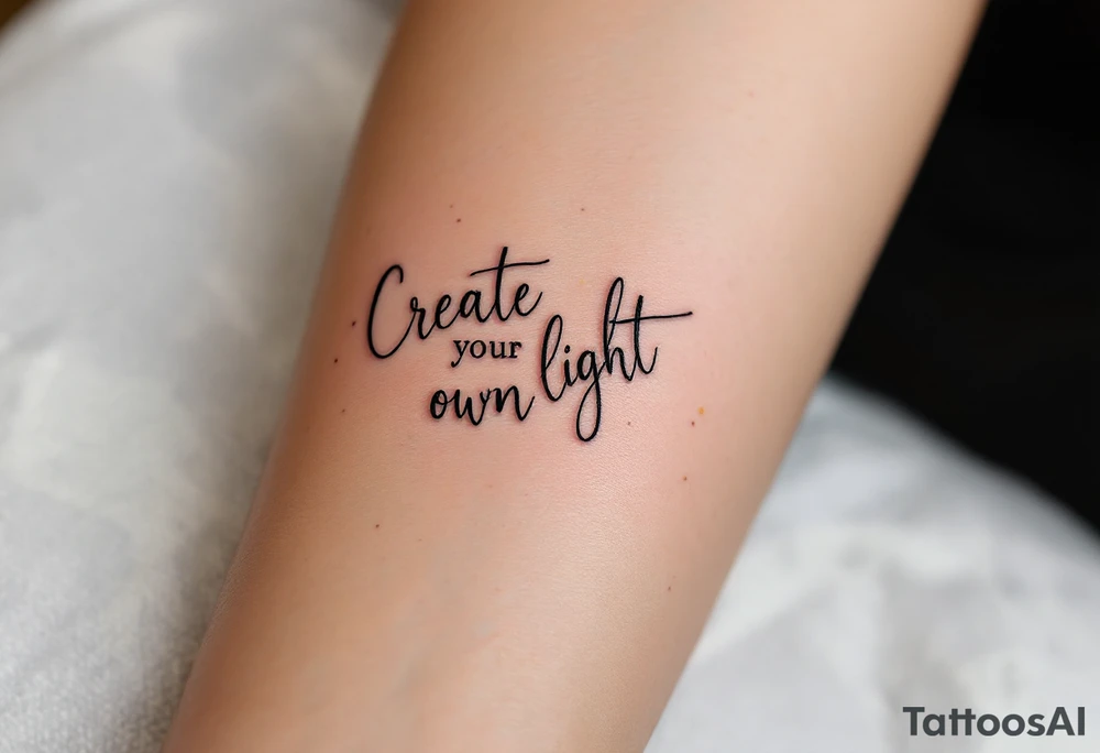 "Create Your Own Light" in delicate serif font, charcoal black with subtle warm yellow tones. tattoo idea