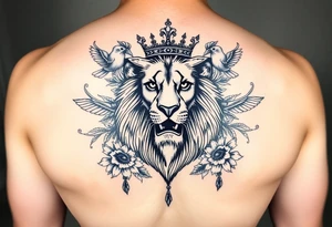powerful majestic lion with a crown, surrounded by floral ornaments and birds tattoo idea