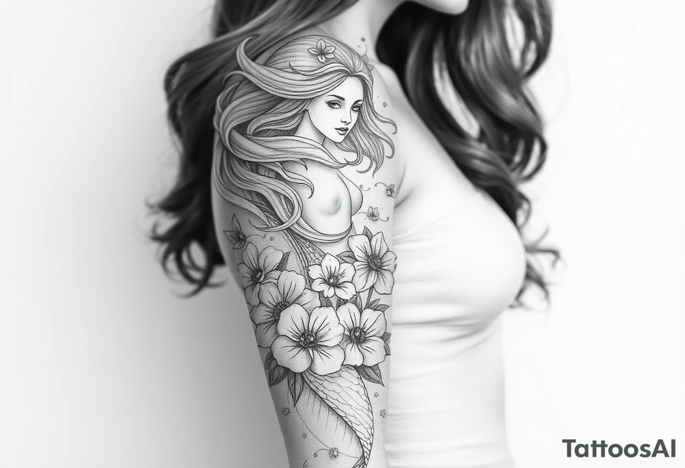 ethereal mermaid with flowing hair among coral and sea flowers tattoo idea