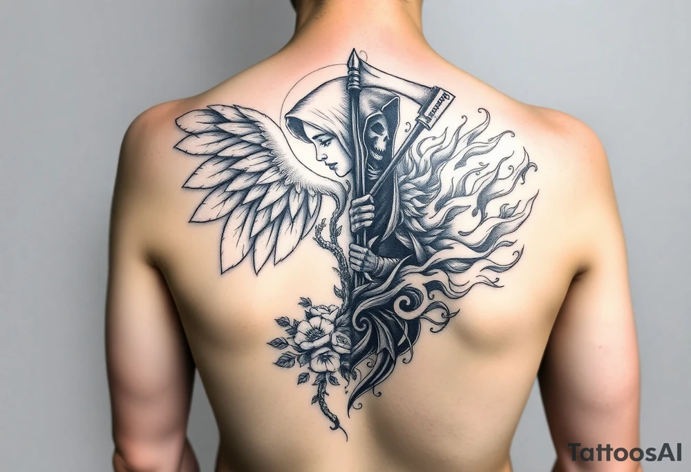 Forearm tattoo design. A stunning female figure, split down the middle vertically. One half is a beautiful, serene angel with large, soft wings, surrounded by a small, flourishing tree and delicate flowers. The other half is a menacing grim reaper or demon, holding a scythe, with fierce flames engulfing its side. Intricate, swirling patterns flow around both halves, blending the two sides. Realistic, highly detailed, black and grey tattoo style, strong contrast. tattoo idea