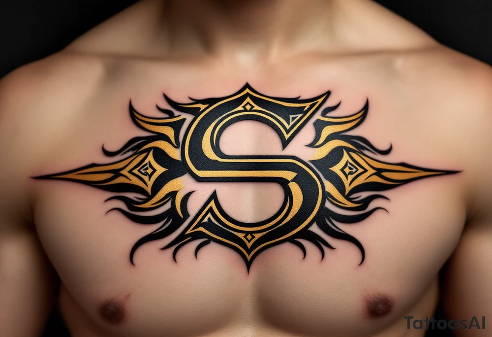 A black and gold "S" designed like an ancient monogram with regal details. tattoo idea