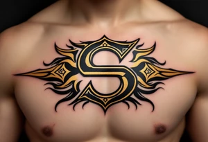 A black and gold "S" designed like an ancient monogram with regal details. tattoo idea