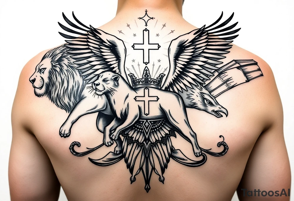 The concept is the 4 incorporeal creatures a man, a lion, an ox, and an eagle carrying the throne of God. Those four creatures are the main elements I’m looking for in the sleeve. With the rest I would like to see your creative/artistic approach.

The Creatures 
Lion: Representing power, courage, and Christ’s victory.
Ox/Calf: Signifying sacrifice and the strength of domesticated animals.
Man: Symbolizing humanity and Christ’s incarnation.
Eagle: Representing divinity, grace, and Christ’s ascension. tattoo idea